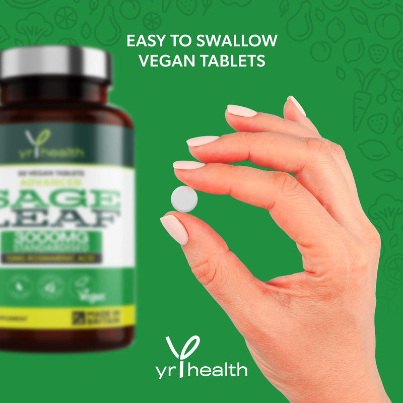 [Australia] - Sage Tablets 3000mg High Strength for Hot Flushes, Night Sweats and Menopause Symptoms - 90 Vegan Tablets not Capsules - Standardised 10mg Rosmarinic Acid - Made in The UK by YrHealth 