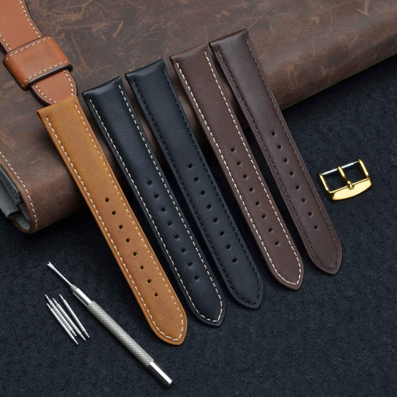 [Australia] - WOCCI Watch Band 14mm 16mm 18mm 19mm 20mm 21mm 22mm 23mm 24mm - Vintage Leather Watch Strap,Choice of Color and Width 14mm - 9/16" Black / Contrasting Stitch 