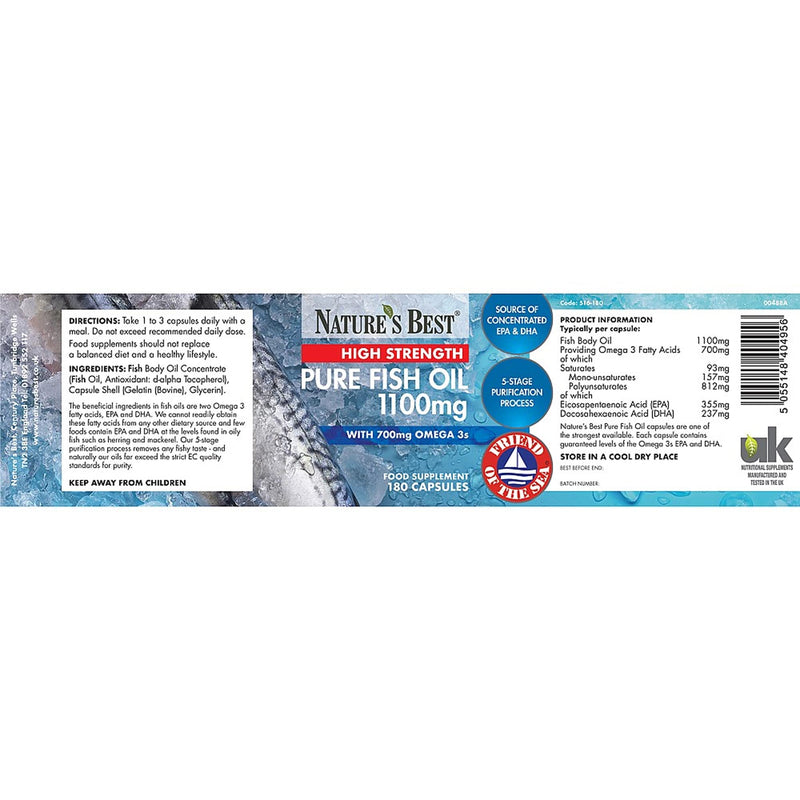 [Australia] - Pure Fish Oil Capsules High Strength | 1100mg | 180 Capsules | One-A-Day | Essential Omega 3 Fish Oil | UK Made | UK�s Strongest Omega 3s with EPA 360mg and DHA 240mg 