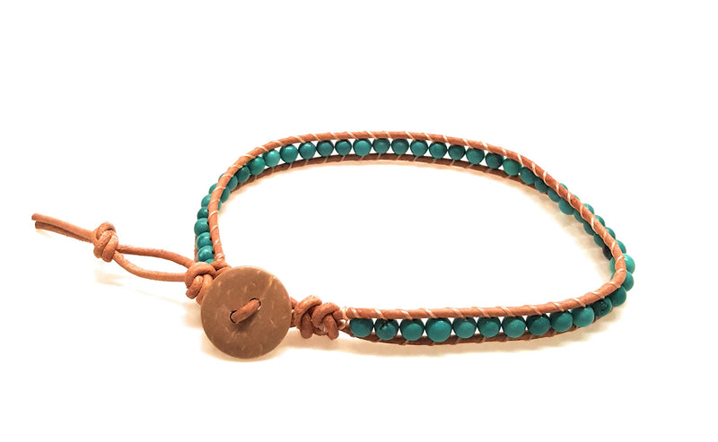 [Australia] - Infinityee888 Turquoise Anklet Bracelet Woven with Light Brown Leather Cord Handmade Hippie Bohemian Unisex Anklet for Men, Women MJTQL1 