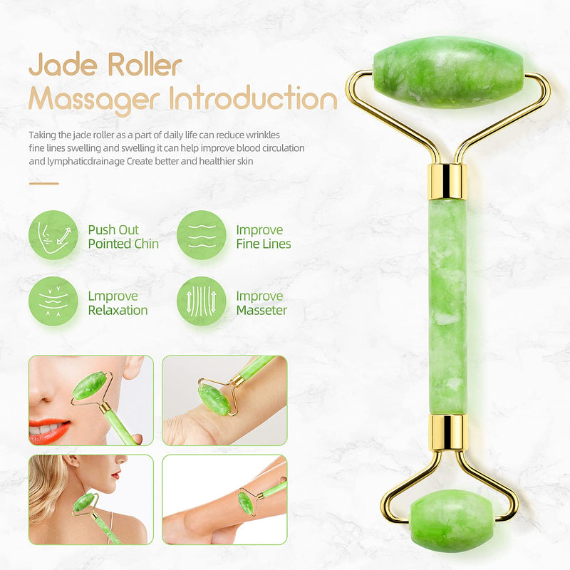 [Australia] - (Drawstring Pouch) Authentic Natural Stone Jade Roller for Face Eyes Neck Body Tool Jade Facial Roller Anti Aging Skin Care Facial Massage Roller Noiseless 