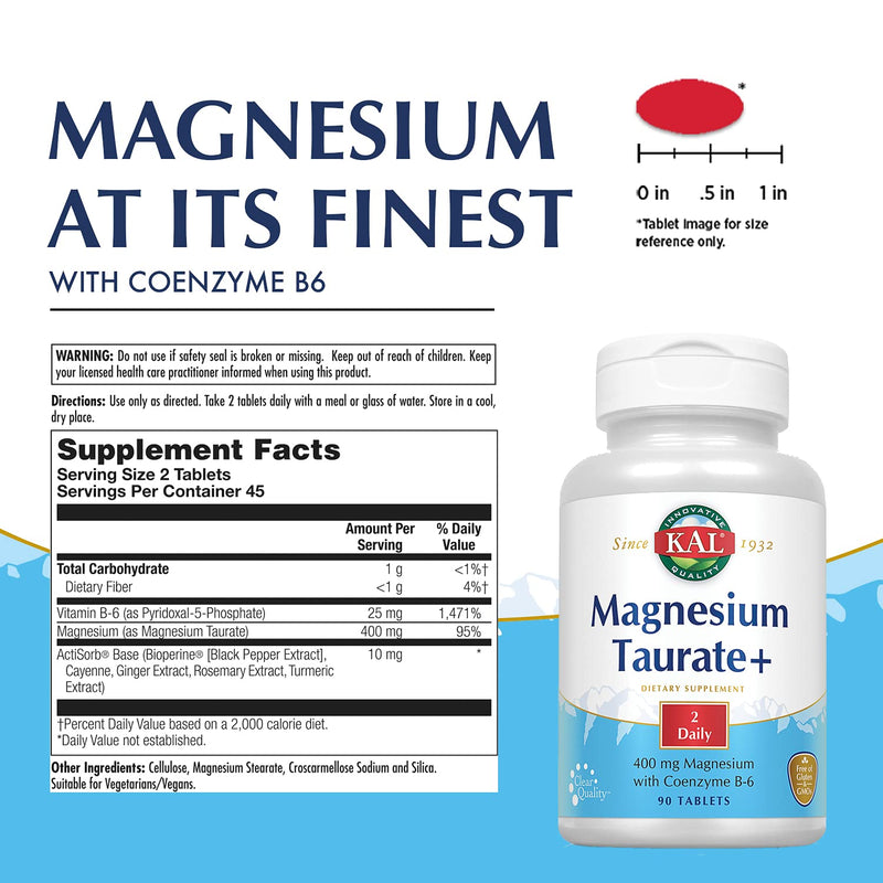 [Australia] - KAL® Magnesium Taurate Plus 400mg w/Coenzyme B6 | Highly Bioavailable, Chelated, Vegan | for Normal Nerve, Muscle Function and Heart Health | 90 Tabs 90 Count (Pack of 1) 