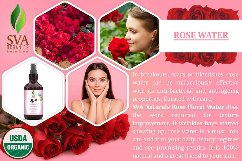 [Australia] - USDA Certified Organic Rose Water Facial Toner (118 ml) 4 Oz - 100% Pure Natural, Unrefined by SVA Organics | Aromatherapy Reduce Dark Circles, Pores, Wrinkle, Moisturizer, Skin Care 