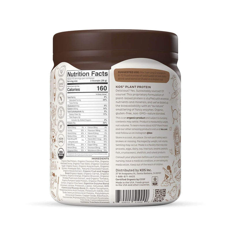 [Australia] - KOS Vegan Protein Powder, Chocolate - Low Carb Pea Protein Blend - Plant Based Protein Powder - USDA Organic, Keto, Gluten, Soy & Dairy Free - Meal Replacement for Women & Men 10 Servings (Pack of 1) 