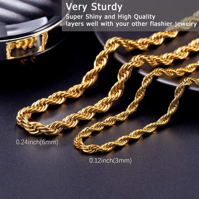 [Australia] - Stainless Steel Necklace, Wheat Chain/Rope Chain/Cuban Chain/Box Chain, Black/18K Gold Plated, 18''/20''/22''/24''/26''/28''/30'', Come Gift Box 03 gold-0.12''(3mm)-rope chain 18.0 Inches 