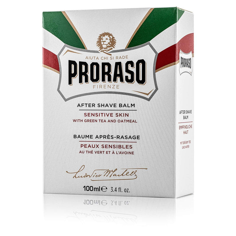 [Australia] - Proraso Aftershave Balm For Sensitive Skin, 100ml, Alcohol-Free Post Shave Balm with Oat and Green Tea Soothes and Protects Skin, Made in Italy, White 