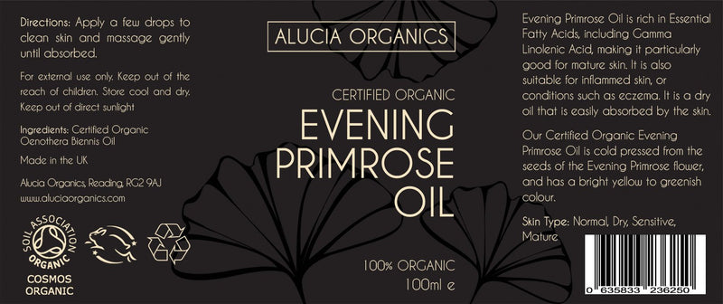 [Australia] - Alucia Organics Certified Organic Evening Primrose Oil 100ml - Pure, Natural, Cold Pressed, Certified Organic, Vegan, Cruelty Free, for Skin, Face, Body, Massage 