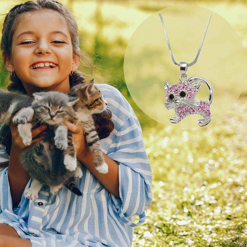 [Australia] - PammyJ Cat Necklace - Cat Necklace for Women and Girls with Pink Crystals, 17.5" 