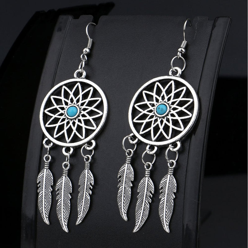 [Australia] - lauhonmin 3pcs Women Retro Silver Turquoise Feather Dream Catcher Pendant Necklace Earrings Set Family Friend Gift 