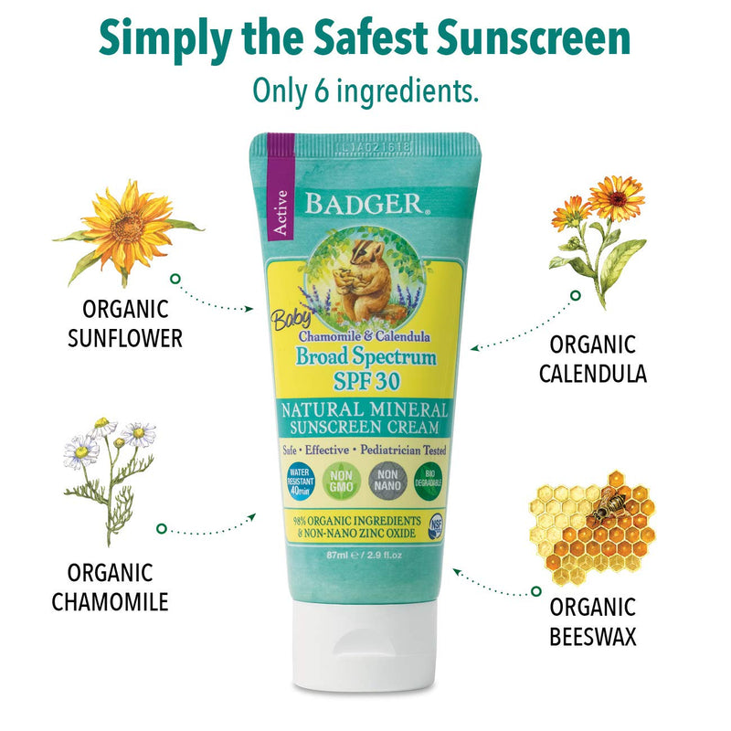 [Australia] - Badger Sunscreen For Babies, With Chamomile & Calendula, Safe and Moisturising for Babies with Protection for Sensitive Skin, SPF30 