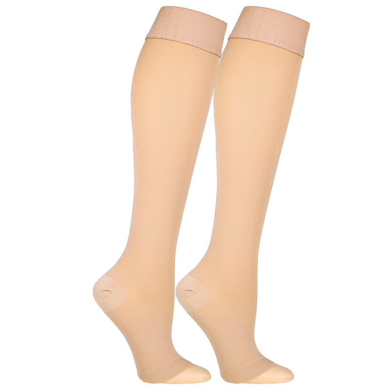 [Australia] - Truform 30-40 mmHg Compression Stockings for Men and Women, Knee High Length, Dot-Top, Open Toe, Beige, Medium 