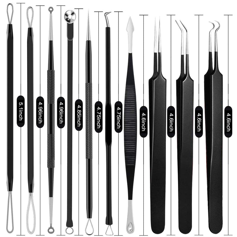 [Australia] - Pimple Popper Tool Kit - Boxoyx 10 Pcs Blackhead Remover Comedone Extractor Kit with Metal Case for Quick and Easy Removal of Pimples, Blackheads, Zit Removing, Forehead,Facial and Nose（Black) BLACK 