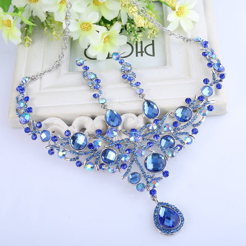 [Australia] - EVER FAITH Deluxe Teardrop Austrian Crystal Pendant Necklace Earrings Set Silver-Tone Blue 