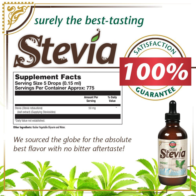 [Australia] - KAL Sure Stevia Extract Zero Calorie Sweetener, Low Carb, Plant Based Liquid Stevia Drops, Great Taste, Zero Sugar, Low Glycemic & Perfect for a Keto Diet, 60-Day Guarantee, Approx. 775 Servings, 4oz 