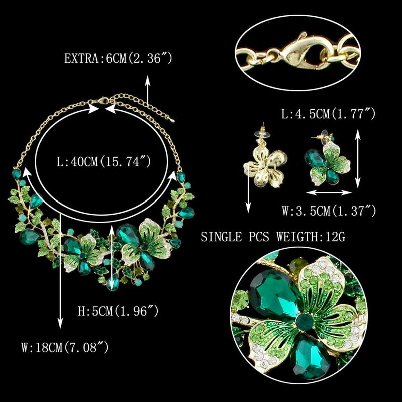 [Australia] - EVER FAITH Women's Rhinestone Crystal Flower Teardrop Necklace Earrings Set Green Gold-Tone 