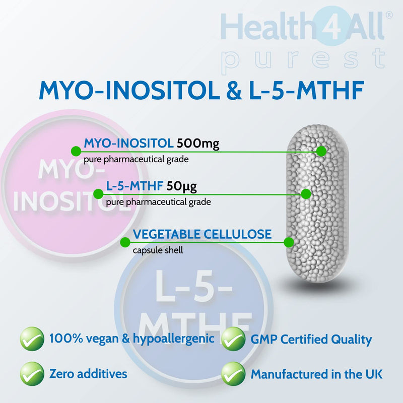 [Australia] - Health4All Myo-Inositol with L-5-MTHF Methylfolate 120 Capsules (V) (not Tablets) aids PCOS, hormonal Balance, Conception. Purest with no additives supplement 120 Count (Pack of 1) 