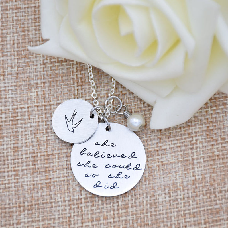 [Australia] - Oriya Stainless Steel She Believed She Could So She Did Necklace Bracelet Gift for Women Girl, Inspirational Necklace Bracelet White 