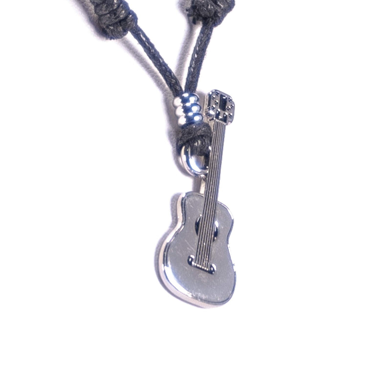 [Australia] - BlueRica Guitar Pendant on Adjustable Black Rope Cord Necklace (Chrome Finish) 