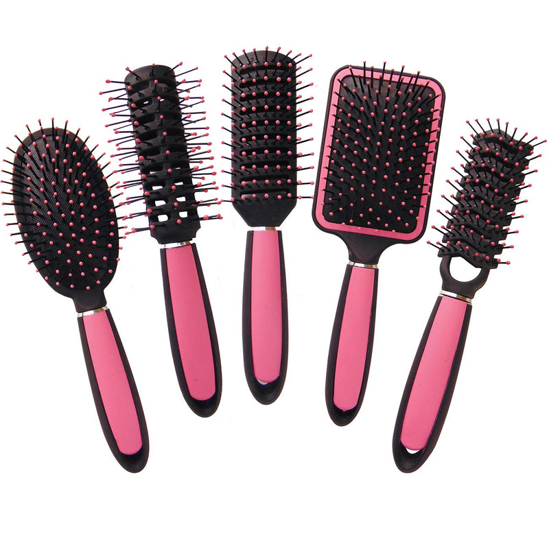 [Australia] - 5pk Hair Brush Set | Includes a Paddle Brush, Cushion Brush, Zig Zag Brush, Round Brush and Vented Brush | Silky Smooth Pink Hair Brushes | Includes SOL Notebook 