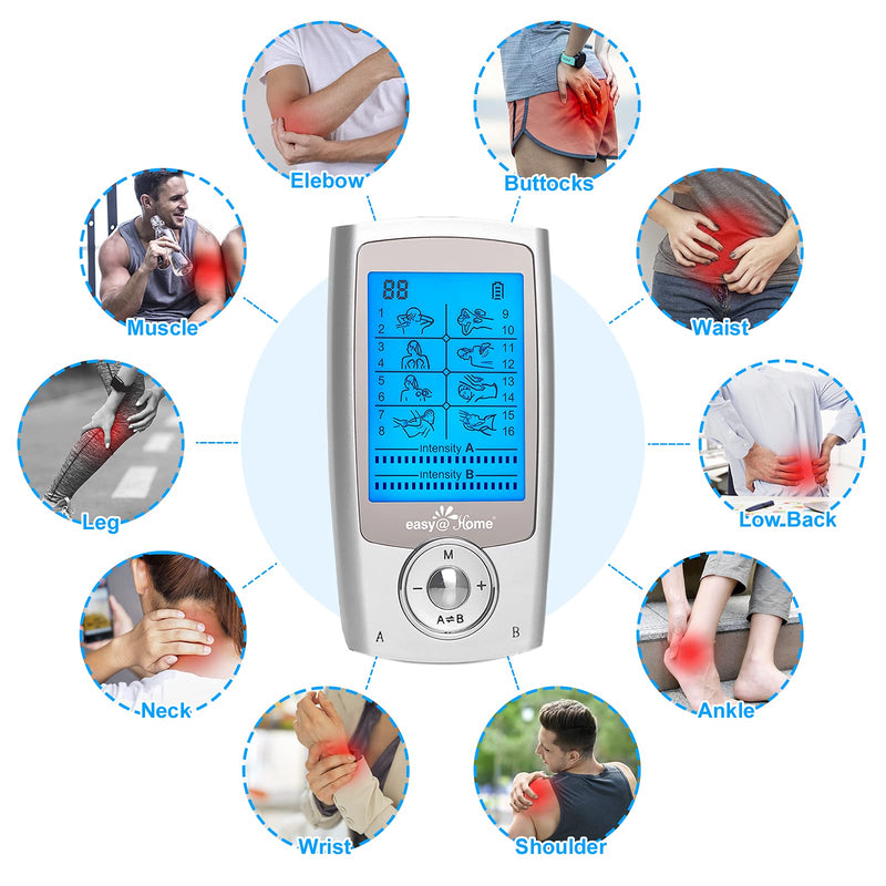 [Australia] - Easy@Home Rechargeable TENS Unit + EMS Muscle Stimulator, 2 Independent Channels, 20 Intensity Levels, 8 Massage Types+16 Modes, 510K Cleared FSA Eligible Handheld Electronic Pulse Massager, EHE029G-B 