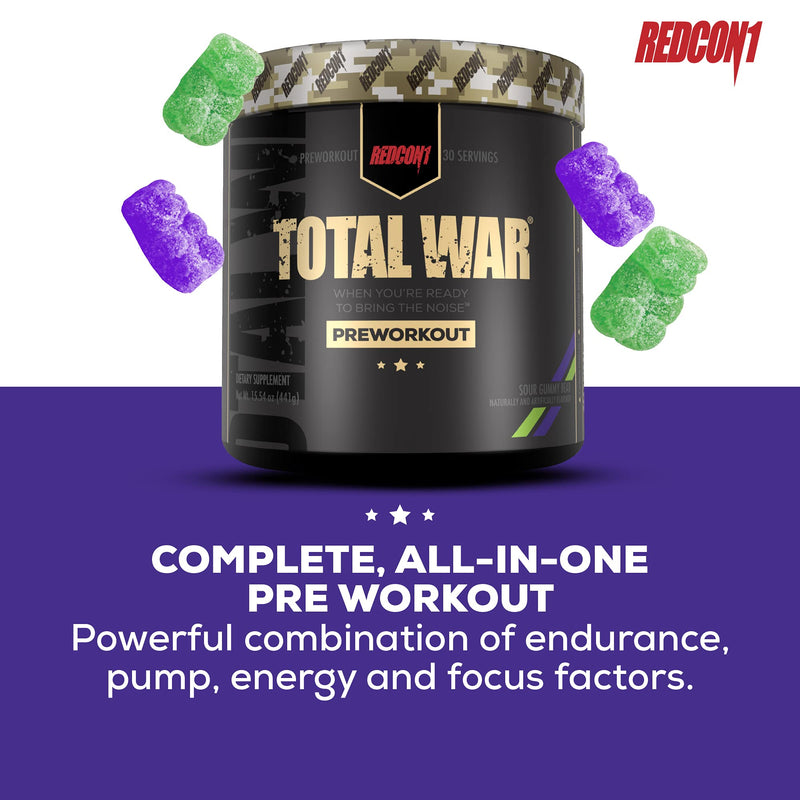 [Australia] - Redcon1 Total War - Pre Workout, 30 Servings, (Sour Gummy Bear) Boost Energy, Increase Endurance and Focus, Beta-Alanine, 350mg Caffeine, Citrulline Malate, Nitric Oxide Booster - Keto Friendly Sour Gummy Bear 30 Servings (Pack of 1) 