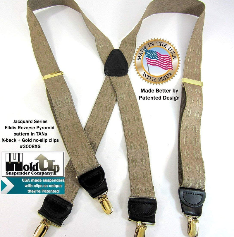 [Australia] - Holdup Brand Tan Jacquard weave Elddis diamond pattern X-back Suspenders with No-slip Gold-tone Clips. 