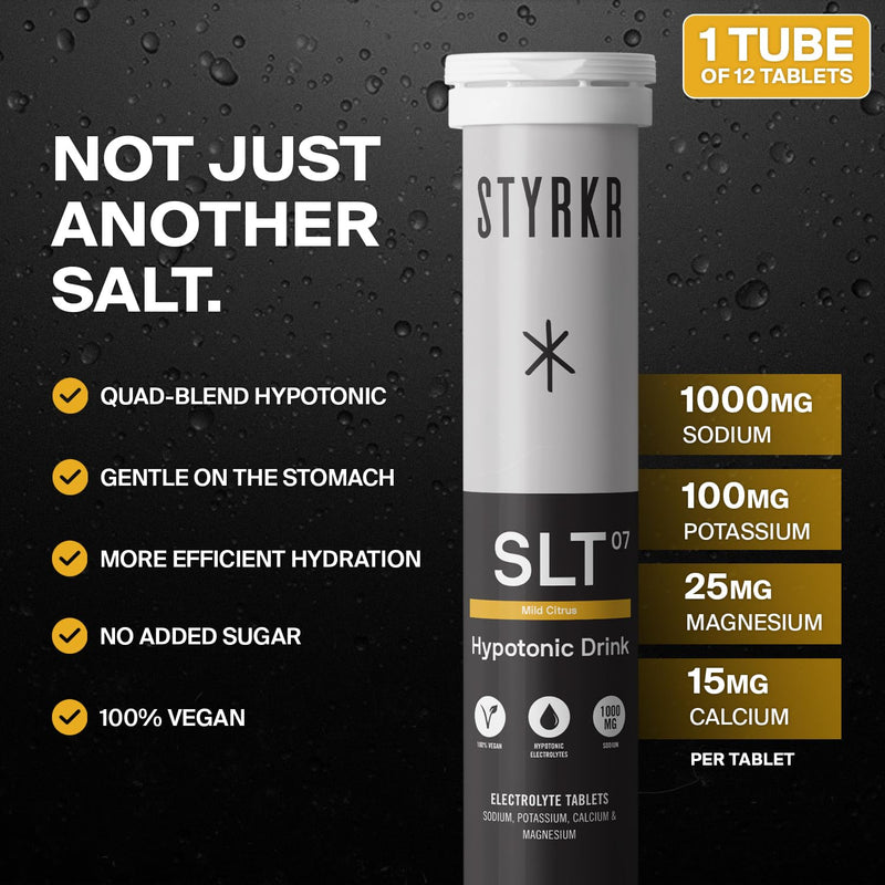 [Australia] - Electrolytes Tablets by Styrkr - Pack of 12 Hydration Tablets - 4X Higher Salts - Approved by Endurance Athletes - Advanced Quad-Blend Formulation - SLT07 12x per Tube 1 Pack 