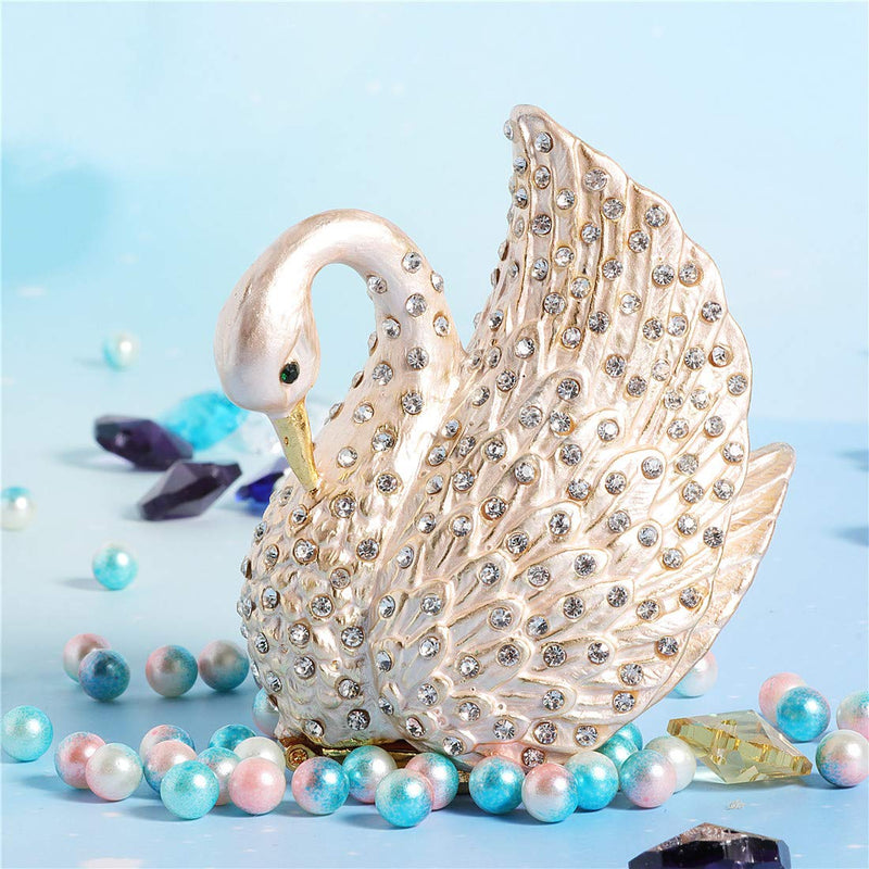 [Australia] - Waltz&F White Diamond Swan Metal Trinket Box Jeweled Hand-Painted Ring Holder Animal Collectible Figurine Decoration 