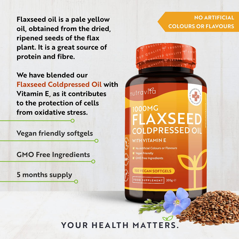 [Australia] - Vegan High Strength Flaxseed Oil - Enriched with Vitamin E - 1000mg per Vegan Softgel - Flax Seed Cold Pressed Oil Providing Omega 3 6 9 (ALA & Linoleic Acid) - 5 Month Supply - Made by Nutravita 