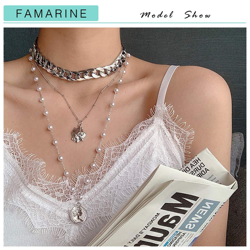 [Australia] - FAMARINE Gold Layered Pendant Long Necklace, 3 Layer Choker Necklace Chain Pendant Costume Jewelry for Women Silver Coin Layer Necklace 