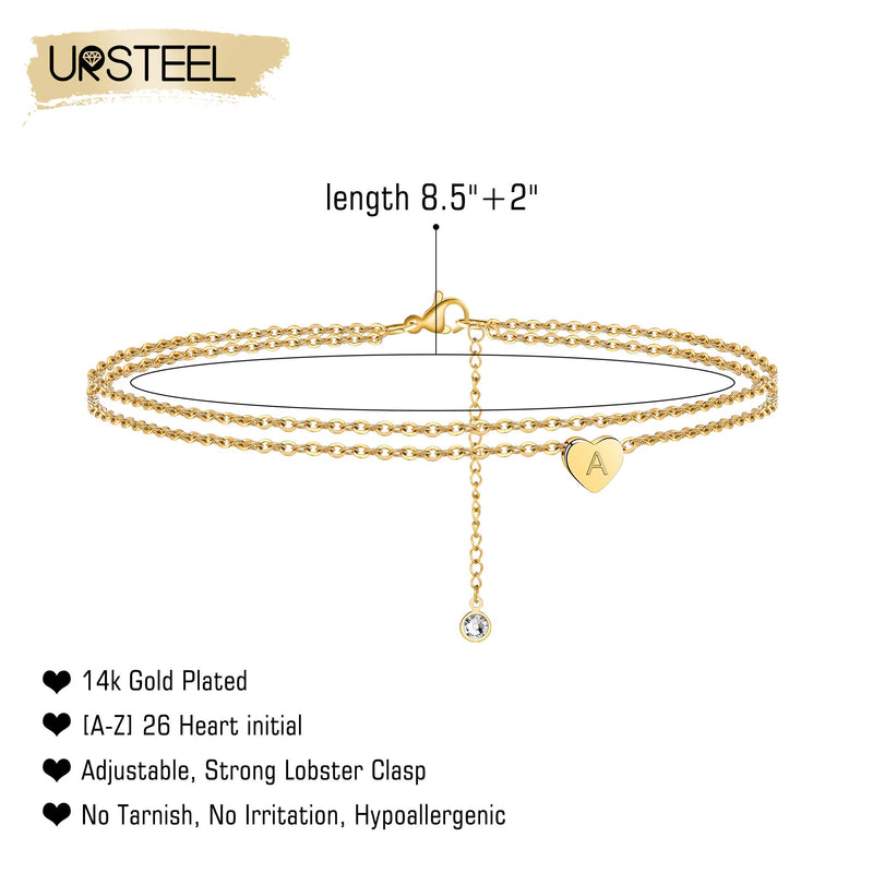 [Australia] - Ursteel Ankle Bracelets for Women, 14K Gold Plated Dainty Layered Heart Initial Anklets for Women Teen Girls A 