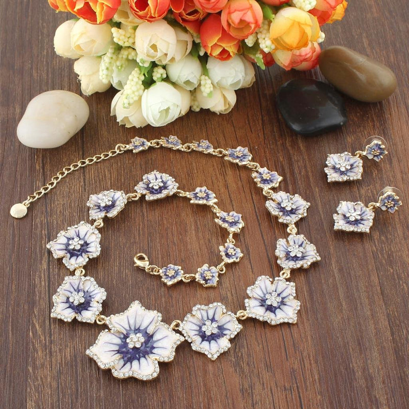 [Australia] - EVER FAITH Women's Austrian Crystal Enamel Hibiscus Necklace Earrings Set Gold-Tone Purple 