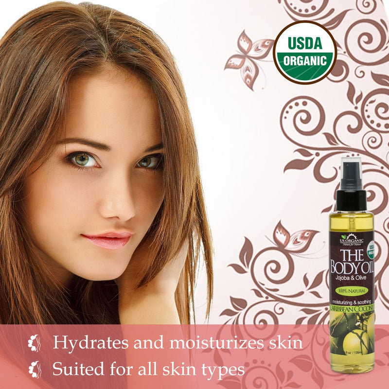 [Australia] - US Organic Body Oil-Blend of Jojoba and Olive Oil with fragrance of Smooth Caribbean Coconut-Vitamin E, USDA Certified, No Alcohol, Paraben, Artificial Detergents, Color or Synthetic perfumes, 5 Fl.oz 