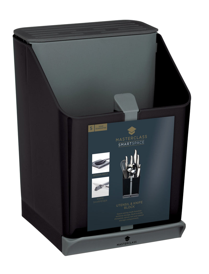[Australia] - MasterClass Smart Space All-in-1 Knife Block and Utensil Holder with Ceramic Knife Sharpener, 15.5 x 14.5 x 20.5 cm (6" x 5.5" x 8") - Black / Grey 