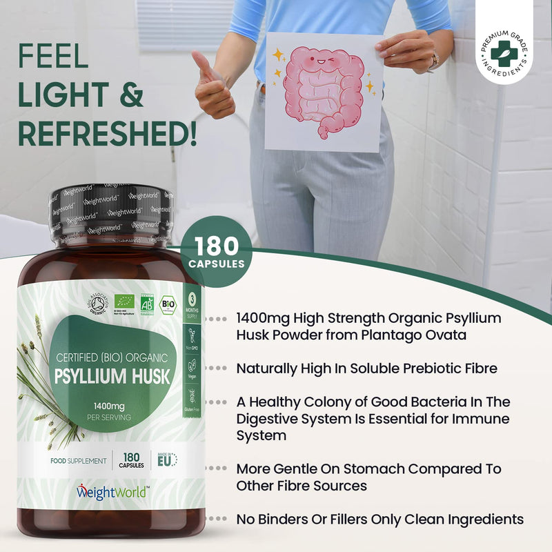 [Australia] - Organic Psyllium Husk Capsules 1400mg - 180 Vegan Capsules (3 Month Supply) - High Soluble Prebiotic Fibre Supplement - Soil Association Certified -Allergen & Gluten Free Psyllium Husk Powder Capsules 
