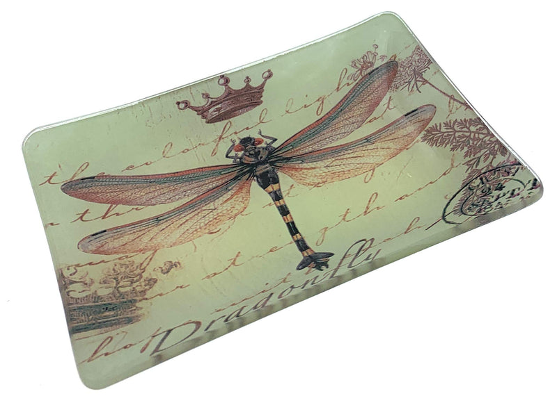 [Australia] - Value Arts Trinket Dish, Dragonfly with Crown and Postmark, Rectangular Glass Catchall Jewelry Tray, 5.75 Inches Wide 