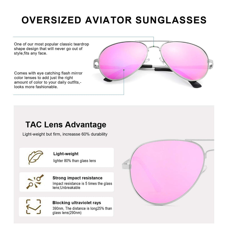 [Australia] - SODQW Aviator Sunglasses for Women Polarized Mirrored, Large Metal Frame, UV 400 Protection C1 Matte Silver Frame/Cyclamen Pink Mirror Lens 