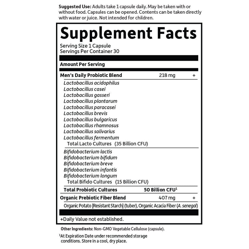 [Australia] - Probiotics for Men and Adults - Garden of Life Dr Formulated Once Daily Men's Probiotics 50 Billion CFU, Digestive Health Daily Probiotic for Constipation Relief, Organic Prebiotic Fiber, 30 Capsules 