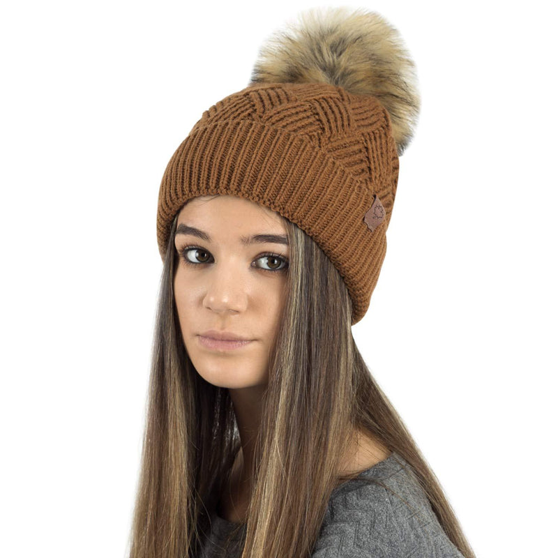 [Australia] - RockJock Ladies Warm Chunky Diamond Cable Knit Hat with Thermal Teddy Fleece Lining and Detachable Faux Fur Pompom CHESTNUT 