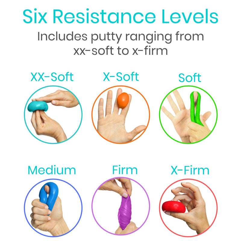 [Australia] - Vive Exercise Putty (6-Pack) - Therapeutic, Occupational and Therapy Tool - Thinking and Stress - Finger, Hand Grip Strength Exercises - Extra Soft, Soft, Medium, Firm Sensory Kit - Squeezable Ball 