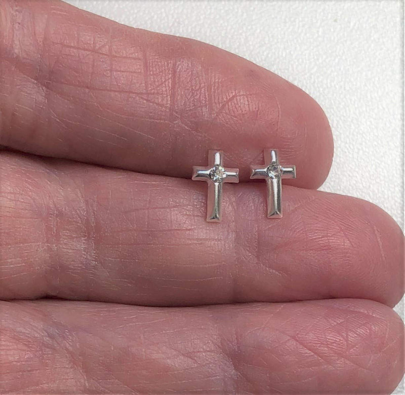 [Australia] - Sterling Silver Small Cross Earrings with a Crystal Stone Gift 