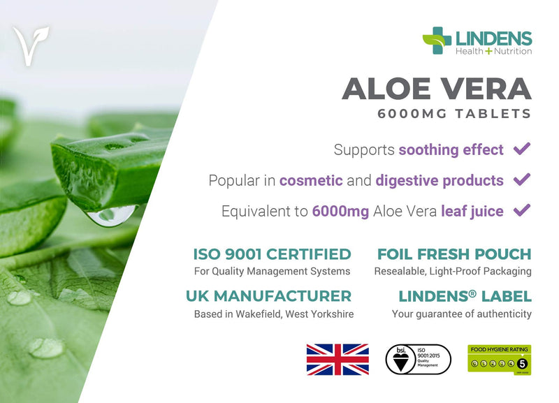 [Australia] - Lindens Aloe Vera 6000mg Tablets - 90 Pack - Concentrated Extract, Equivalent to 6000mg Aloe Vera Leaf Juice - UK Manufacturer, Letterbox Friendly 