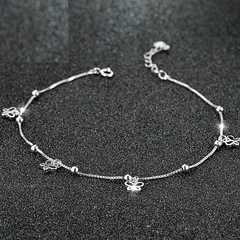 [Australia] - Dangle Butterfly Anklets 925 Sterling Silver Adjustable Sexy Beads Beach Foot Ankle Bracelet Chain for Women Teen Girls 