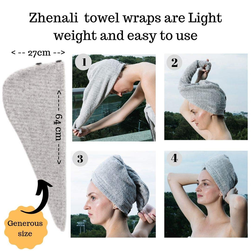 [Australia] - Zhenali Hair Drying Towel Wrap for Women. 2 Pack - Bamboo and Cotton Hair Towel for Drying Your Hair Naturally. Ultra- Soft, Super Absorbent Bath Turban for Thick, Long, Short or Curly Hair. 