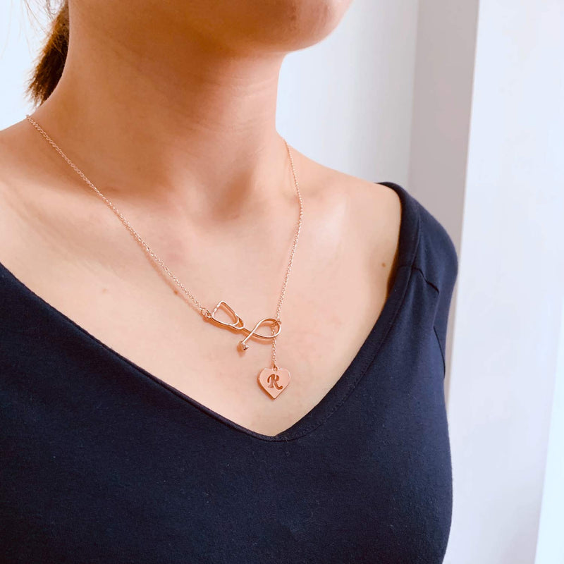 [Australia] - Your Always Charm Rose Gold Stethoscope Alphabet Lariat Y Necklace for Nurse Graduation Gift R 