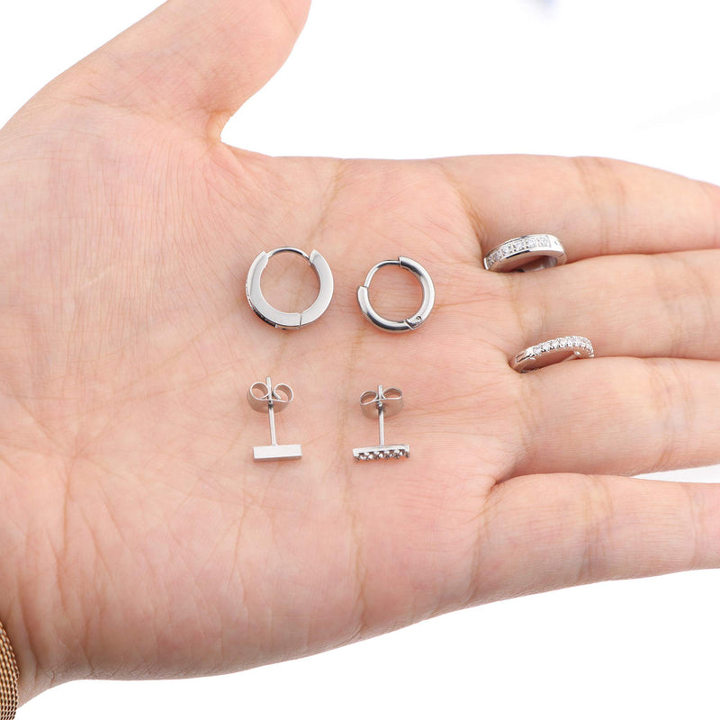 [Australia] - JOERICA 6 Pairs Hoop Huggie Earrings for Women Girls Minimalist Cuff Mini Bar Stud Earrings Gold Silver Cubic Zirconia Small Ear Piercing Set A:Silver 