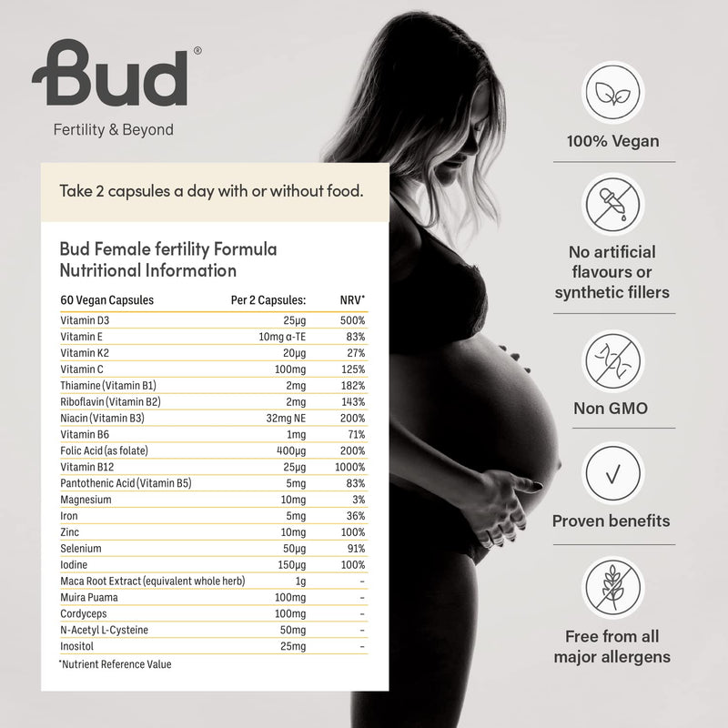 [Australia] - Bud Female Fertility Supplements - Vegan Conception Vitamins for Women with Inositol, Folate, Zinc and Vitamin D, Women�s Fertility Vitamins for Pre-Conception (60 Capsules) 