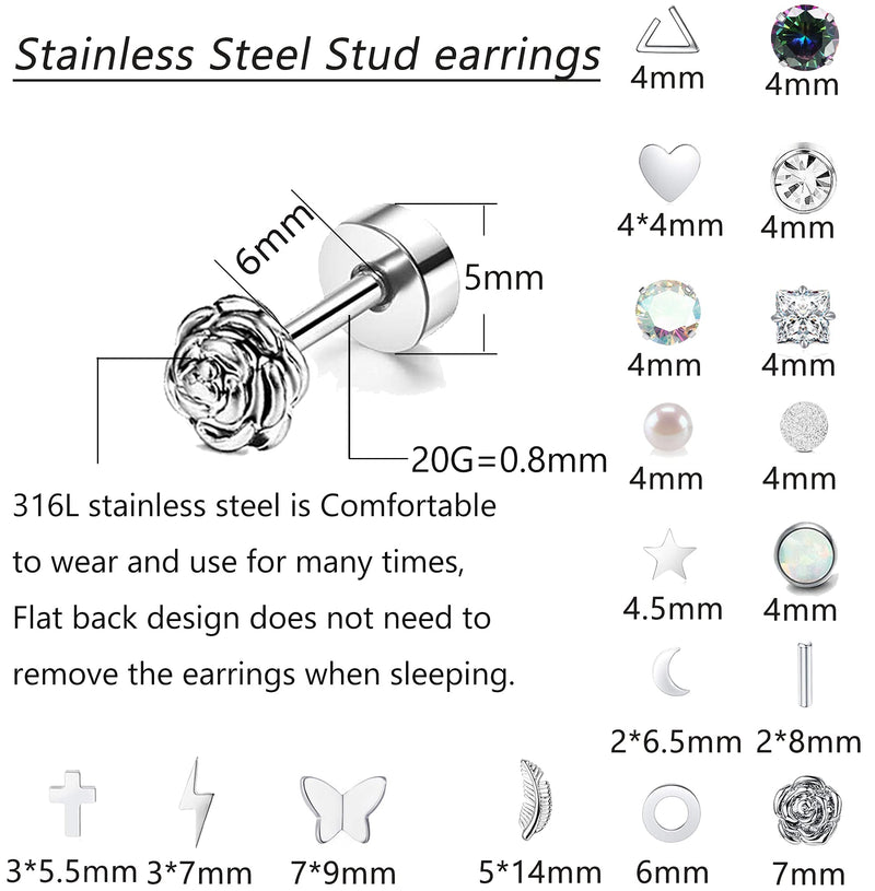 [Australia] - 18 Pairs Stainless Steel Stud Earrings Set for Women Men Star Moon flower Heart Leaf Opal 20G Cartilage Earrings Hypoallergenic Flatback Earrings Piercing Jewelry Silver 