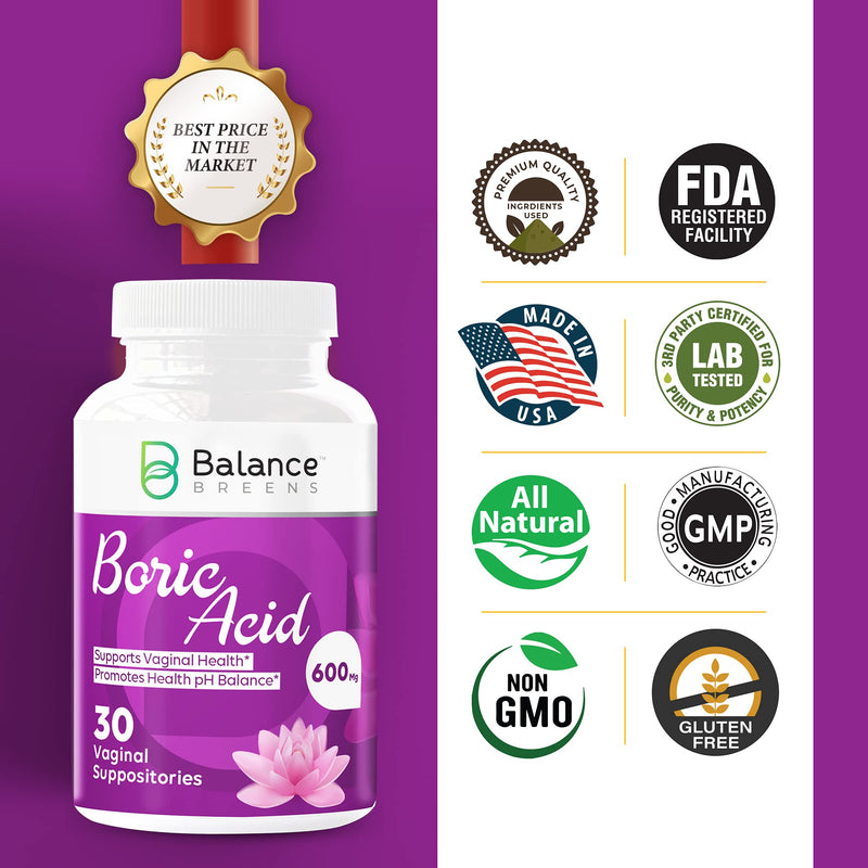 [Australia] - Balance Breens Boric Acid Vaginal Suppositories 600 mg - Intimate Health Support, Promotes Healthy pH Balance - 30 Vaginal Use Capsules 