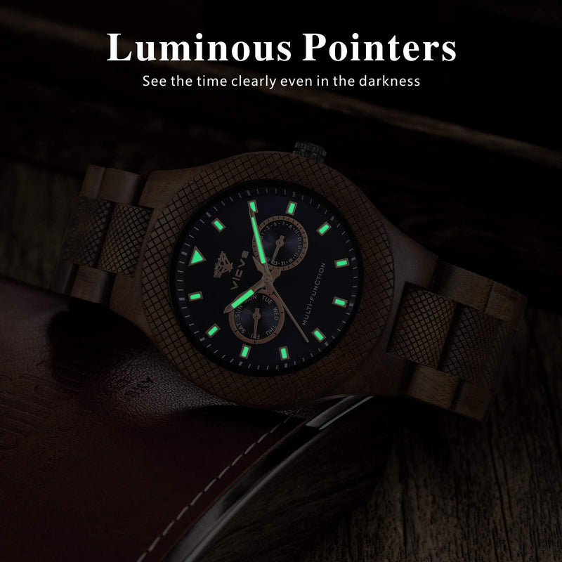 [Australia] - VICVS Men's Wooden Watch, 100% Natural Rosewood/Black Walnut/Olive Wood Multifunctional Quartz Chronograph Luminous Watch Bracelet Watch 